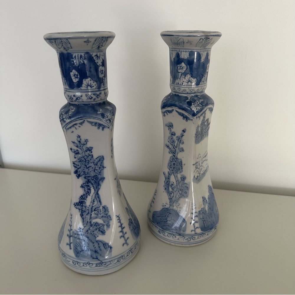 Two Vintage Williams Sonoma Chinoiserie Hand Painted Candle Holders Blue, White - Picture 4 of 9